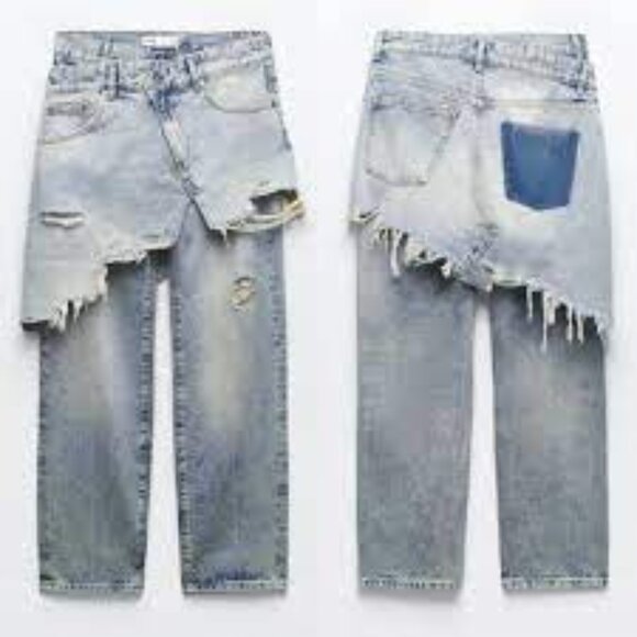 Women's Zara The Layered Denim Pant Blue Jeans Straight Leg Size 2 - Picture 3 of 12